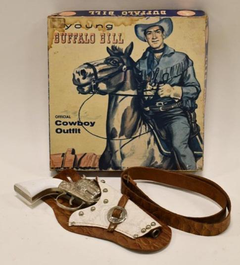 Leslie-Henry Young Buffalo Bill Cap Gun Cowboy Set: Leslie-Henry Young Buffalo Bil cowboy outfit with the box. Includes a Young Buffalo Bill cap gun with single leather holster. The box has some staining and wear from storage and display. The cap gun i