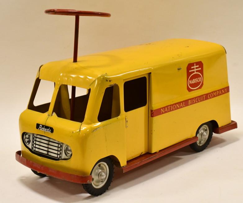 Roberts Nabisco Ritz Cracker Ride On Truck: Roberts National Biscuit Company Ritz Cracker pressed steel ride-on truck. Displays nicely with some light paint loss and wear from play and age. Features sliding doors and opening rear doors. Measure
