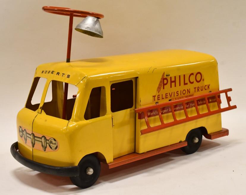 Roberts Philco Television Ride On Truck: Roberts Philco Television pressed steel ride-on truck. Displays nicely with some light paint loss and wear from play and age. Features sliding doors, opening rear doors, ladders that hand on the side
