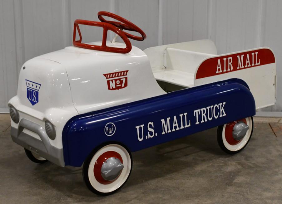 Restored AMF U.S. Mail Truck Pedal Car: Restored AMF U.S. Mail truck pedal car. Displays nicely with good restoration. Nice condition with light wear from storage and display. The tailgate needs some work. Measures approximately 40" long.