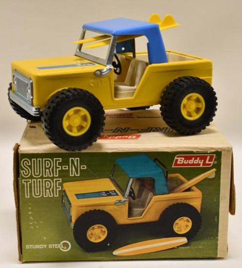 Buddy L Colt Surf-N-Turf Jeep Truck: Buddy L Colt Surf-N-Turf Jeep truck with the original box. Displays nicely with (2) surfboards. Has light wear from storage and display. Measures approximately 10" long.