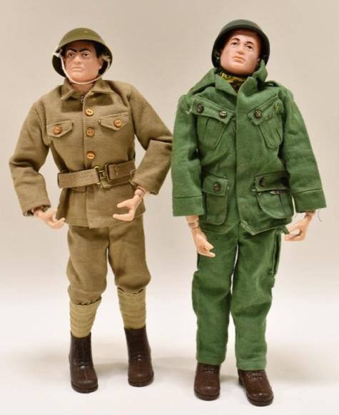 (2) 1964 Hasbro GI Joe Action Soldiers: Lot of two 1964 Hasbro GI Joe action soldiers with outfits. Displays nicely with wear from play and age. Measures approximately 12" tall.