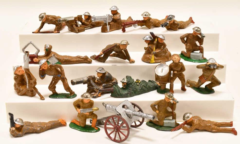 Lot of 20 Lead Barclay / Manoil Soldiers: Lot of 20 lead Barclay soldiers. Includes prone soldiers, prone soldier in bus, soldier with cannon, and a lot more! Displays nicely with paint loss and wear from play and age. Nice lot! Largest measu