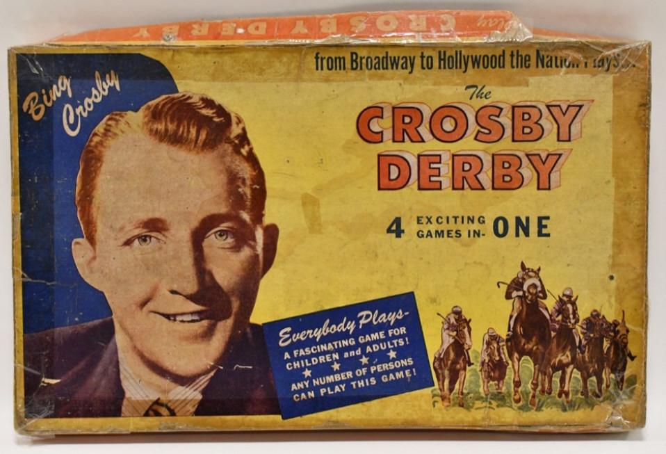 H. Fishlove & Co. The Crosby Derby Board Game: Vintage H. Fishlove & Co. The Crosby Derby board game endorsed by the famous singer Bing Crosby. The box displays well with great graphics, but does have some tape and wear from age. The game includes