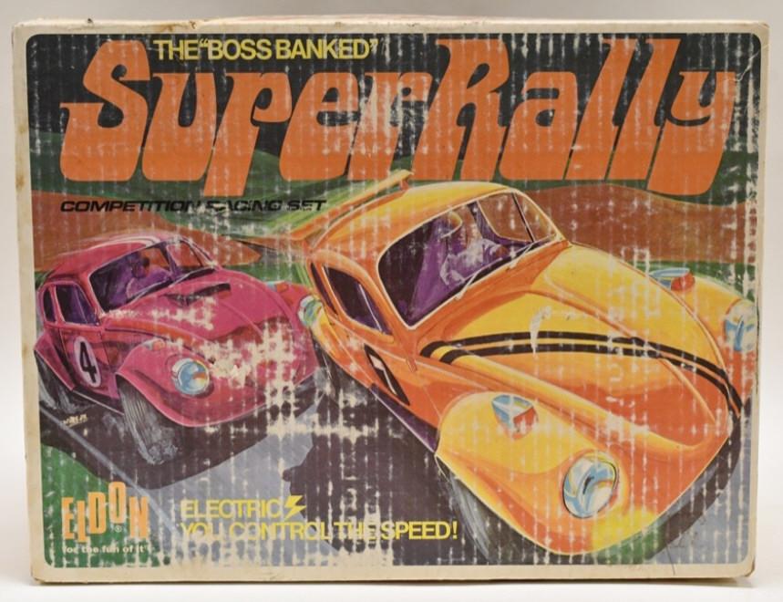 Eldon 1/32 Scale Super Rally Competition Race Set: Eldon 1/32 Scale Super Rally competition racing set in the original box. The set appears to be complete including the (2) Volkswagen cars. Set displays nicely with light wear from play and age. Set is