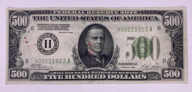 1928 $500 Federal Reserve Note: This ungraded 1928 $500 Federal Reserve Note from St. Louis Reserve is in Extra Fine Condition. Few small pin holes and red stamp on Mckinley. Note has good color.