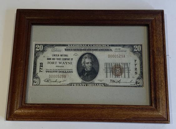 Lincoln National Bank of Fort Wayne $20 Note: Lincoln National Bank and Trust Compnay of Fort Wayne Indiana $20 National Bank Note. Series of 1929. Note is framed. Overall fine condition.