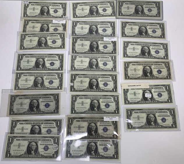 29 Uncirculated $1 US Silver Certificate Notes: Series of 1935 and 1957. All are uncirculated examplets. All in plastic cases. There is 1 star note and 2 sets of 4 consecutiive serial number notes.
