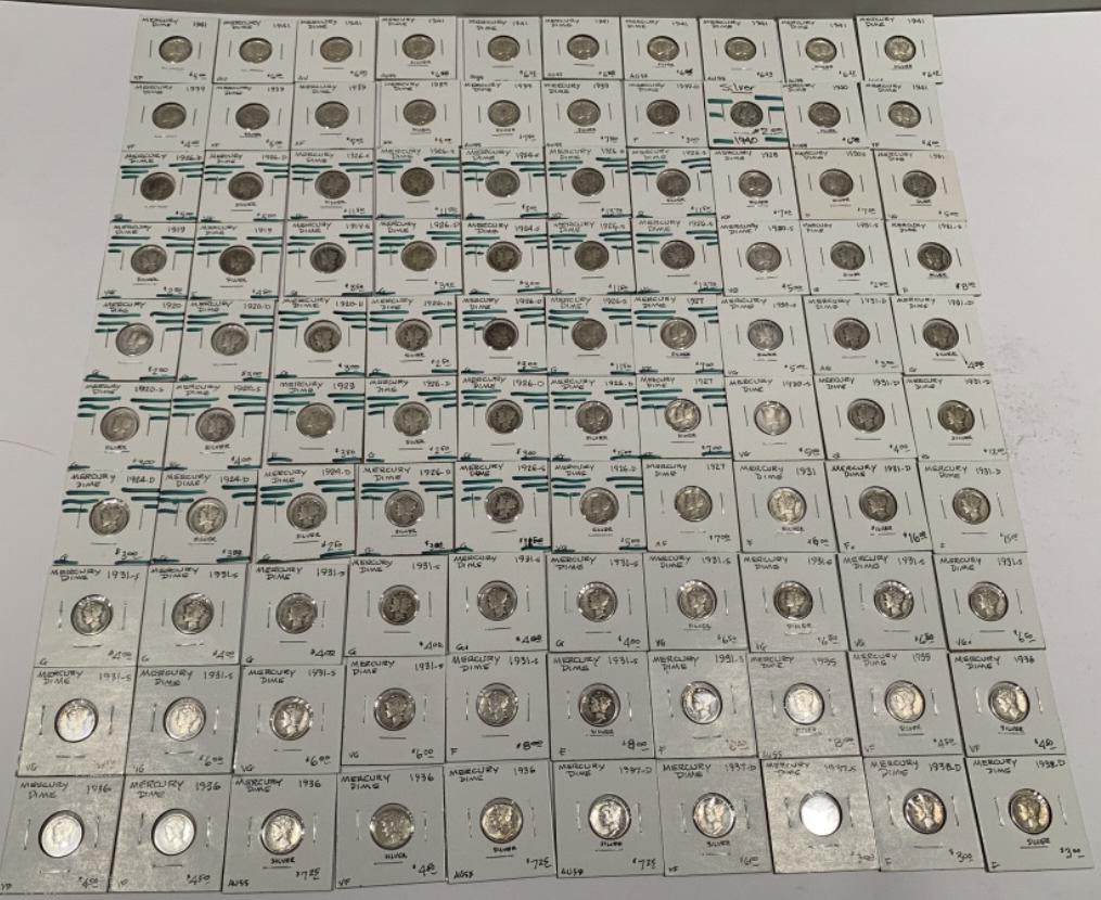 100 1919-1941 Silver Mercury Dimes: 100 cased 1919-1941 Silver Mercury Dimes. Ranging from goods to AU. Various dates and conditions. All are in 2x2's.