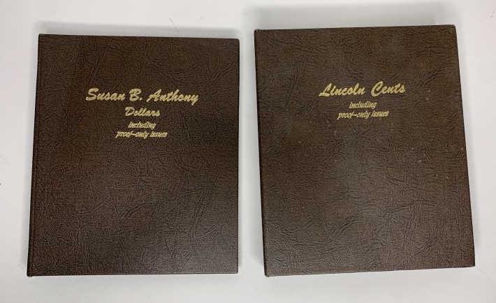 Partial Lincoln Cent & Susan B. Anthony Books: 1) Susan B. Anthony book with 6 coins 2) 1909-1999 Lincoln cent book partial with 197 coins. Both in World Coin Library Books