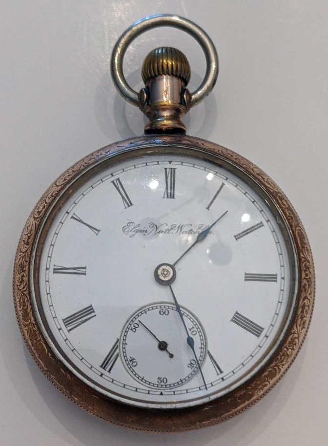1890 Elgin 43 11 Jewel Open Face Pocket Watch: Nice running Elgin 11 Jewel Model 5 Grade 43 Open Face Pocket Watch. The 18 size pocket watch measures approx. 2-1/8" in diameter and has a Fahys Montauk No. 1 case. The case shows wear. The face is c