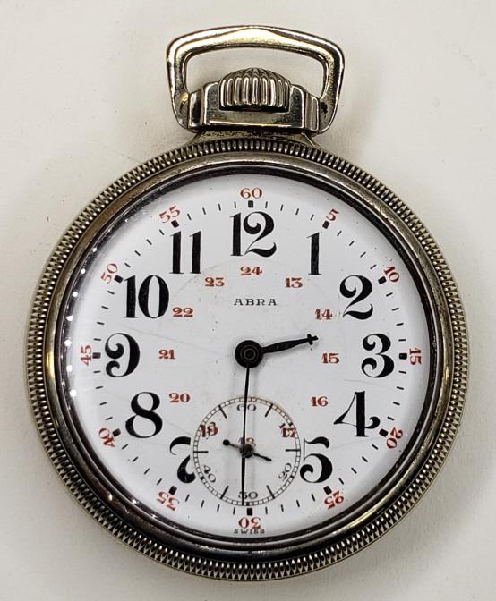 Vintage Abra 21J Open Face Pocket Watch: Nice running Abra 21 Jewel Open Face Pocket Watch. The 16 size pocket watch measures approx. 2-1/8" in diameter and has an American Watch Co. nickel silver case. The case shows some wear, the face has