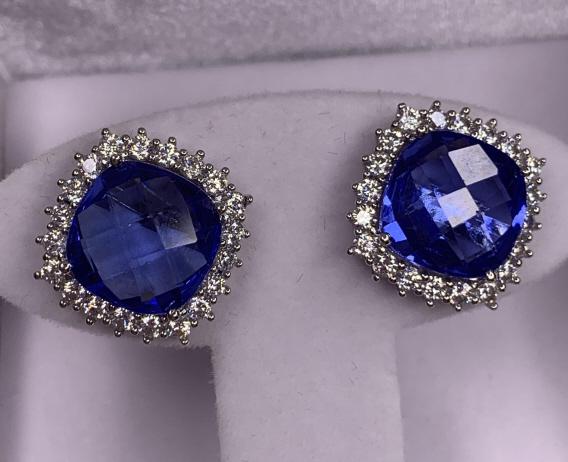 12cttw Cushion Cut Tanzanite Earrings: Lab created stones.