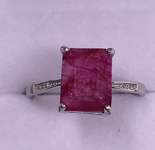 Sterling Silver 4.48ct Genuine Ruby Ring: Emerald cut. Size: 9