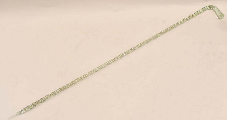 Antique Free Blown Glass Swirl Parade Staff Cane: Very nice antique free blown glass walking stick/parade staff. The swirl glass features a hint of green color and has a curved grip. Measures 50" long.