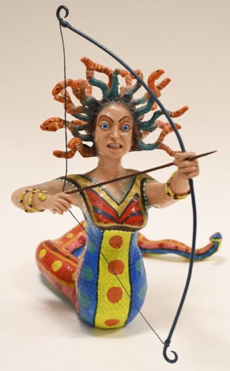 Signed Paper Mache Medusa Art Sculpture: Unique detailed paper mache Medusa art sculpture by Mexico City artist Llerena. Displayss extremely well with vibrant colors and amazing detail. Measures approximately 11" tall by 10" across.