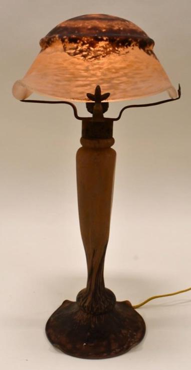 Daum Nancy Art Glass Table Lamp Circa 1920: Beautiful early electric lamp with satin finish art glass and wrought iron mounts Signed on both the shade and base by artist Daum Nancy. The lamp measures approx. 20-1/4" tall and the shade measures