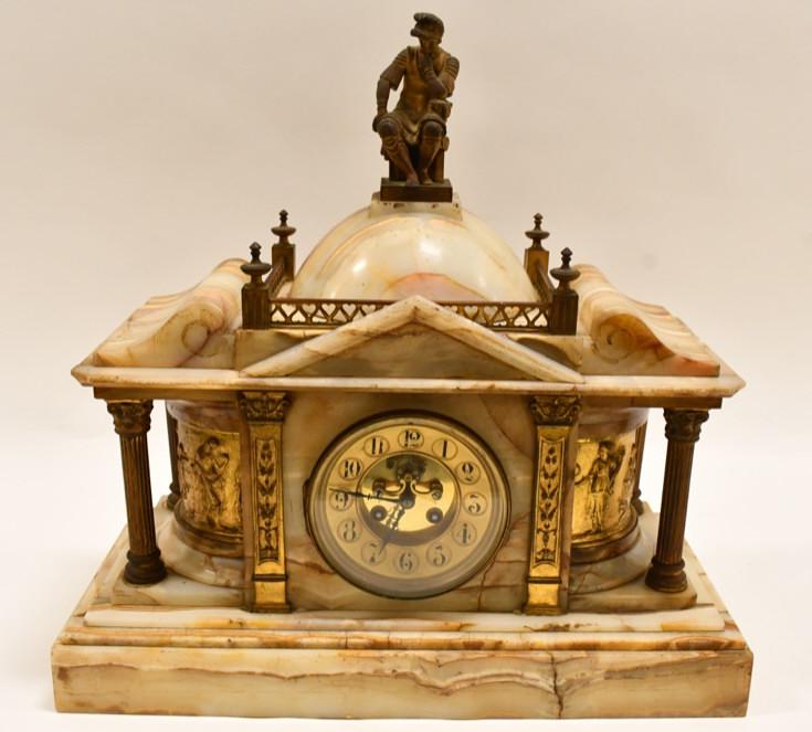 19th C. French Japy Freres Alabaster Mantle Clock: 19th century French Japy Freres alabaster mantle clock. Clock runs, but is missing the key. Measures 18" tall x 18-1/4" across x 7-3/4" deep. Good condition with some chips in the alabaster.