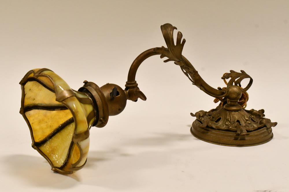 Handel Piano Lamp With Yellow & Carmel Slag Shade: Beautiful Handel piano lamp with yelllow & carmel glass eight panel shade. Lamp is in nice condition and measures 8-1/2" tall x 19" across when extended, shade has a 6-1/2" diameter. Shade is marked.