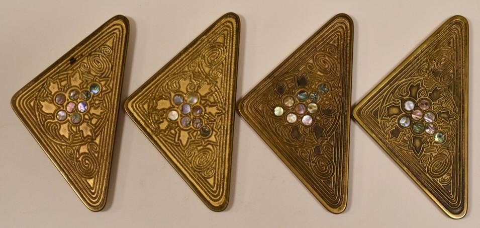 Rare Tiffany Studios "Abalone" Blotter Corners: Set of four beautiful marked Tiffany Studios New York 1154 art nouveau blotter corners in the "Abalone" pattern. The bronze blotter corners are in great condition with a wonderful patina. They measure