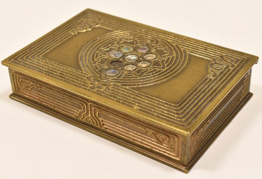 Rare Tiffany Studios "Abalone" Cigarette Box 1176: Beautiful marked Tiffany Studios New York 1176 art nouveau cigarette box in the "Abalone" pattern. The bronze cigarette box is in nice condition with a wonderful patina, it is missing four abalone ins