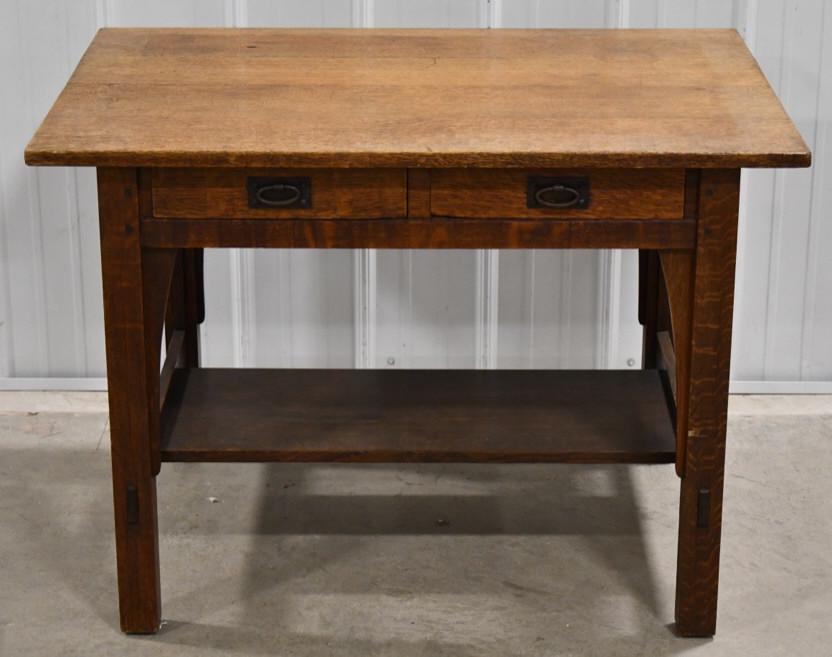 Gustav Stickley Mission Oak Library Desk: Nice early Gustav Stickley Mission Oak Two-Drawer Library Desk. Displays well and is in nice condition. Has the Stickley mark in the drawer. Measures approximately 30" tall by 40" across by 29.5" deep