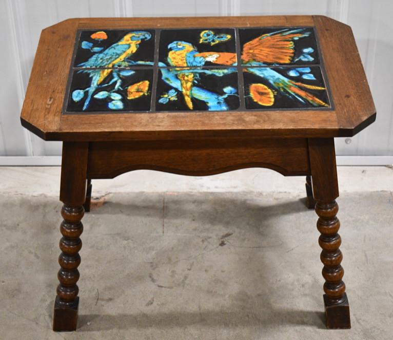Arts & Crafts California Taylor Parrot Tile Table: Nice arts & crafts mission Monterey Catalina California Taylor six tile parrot table. The table is in great condition. Measures 18" tall x 23.5" across x 16" deep.