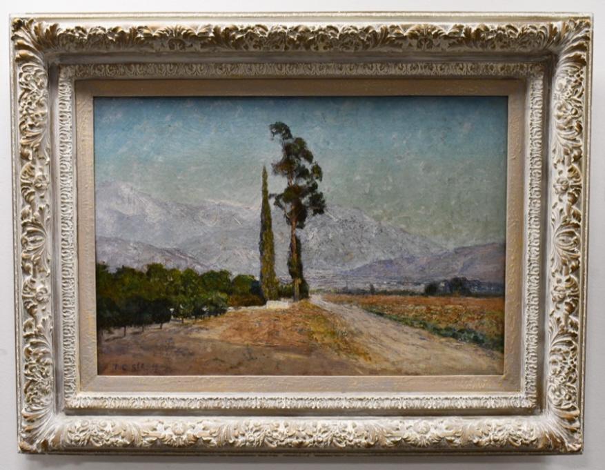 T.C. Steele Orange Grove Redlands Ca. Painting: Beautiful framed oil on canvas painting by listed Indiana impressionist artist T.C. Steele. The painting features an orange grove in The Redlands California. The painting is signed in the lower left. 