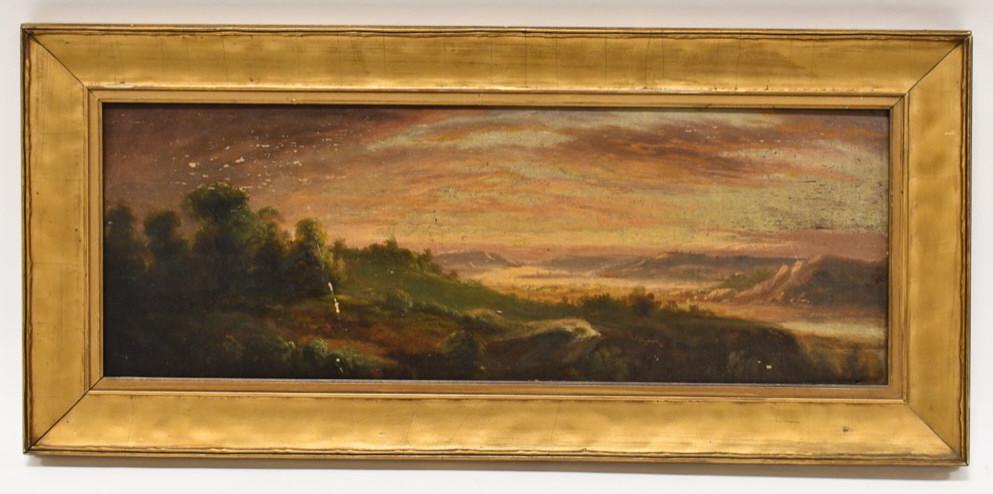 Jacob Cox Big Sky Landscape Oil Painting On Board: Beautiful oil on board painting by Indiana artist Jacob Cox. The painting features a big sky landscape and is unsigned, attributed on verso. Sight measures approximately 19-1/2" tall by 7" across, fra