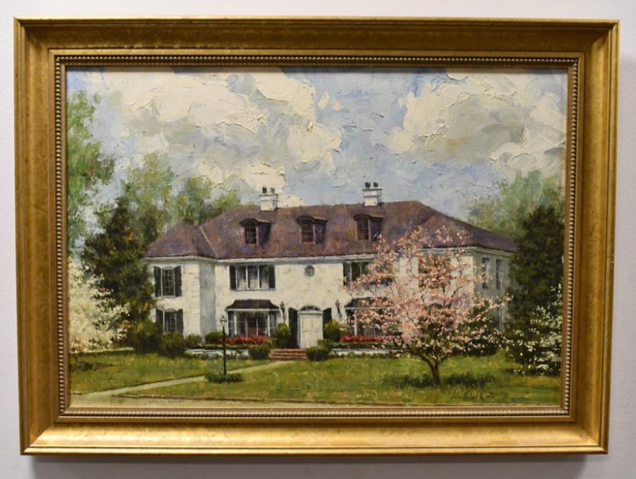 John Michael Carter "Calveard Apartment" Painting: Beautiful framed oil on canvas painting by listed Kentucky artist John Michael Carter. The painting features a home and is titled "Calveard Apartment". Signed on the bottom right. Sight measures appro