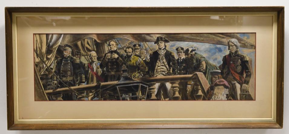 Robert Fawcett "Port Of Call" Gouache Water Color: Beautiful dated on back July 6, 1946 gouache water color on paper by listed Connecticut artist Robert Fawcett (1903-1967). The painting is titled "Call Of Port and was painted for publication in the S