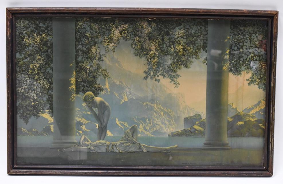 Original Maxfield Parrish "Daybreak" Print: Nice antique original Maxfield Parrish framed print titled "Daybreak" . The print features girls by a lake at daybreak. Has House Of Art NY copyright. Sight measures approximately 17-3/4" tall by 29-1
