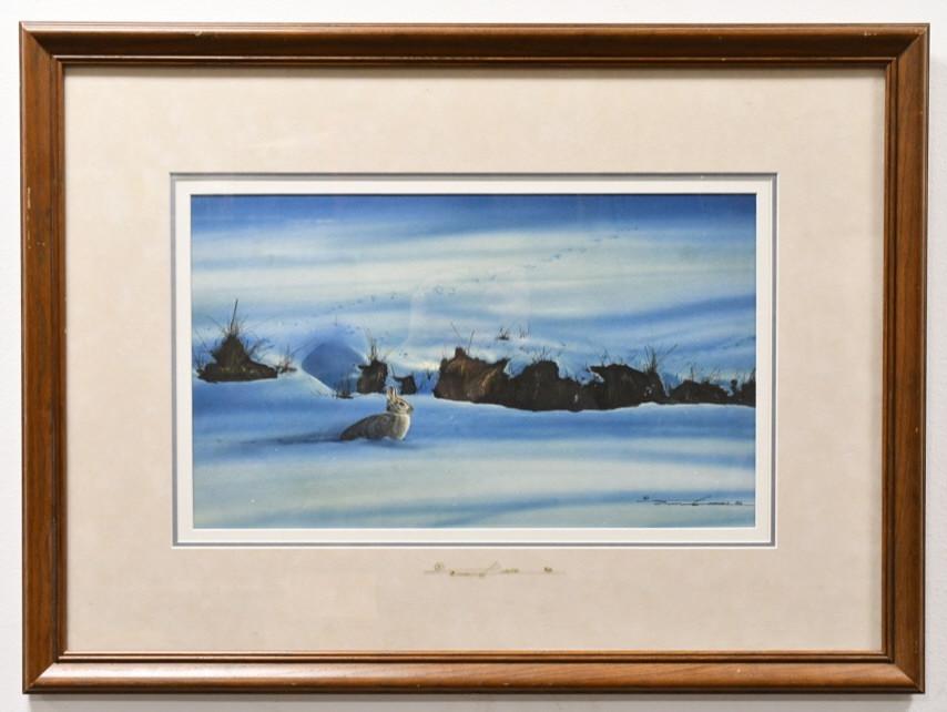 Tim Liess "Stop And Listen" Watercolor On Paper: Beautiful watercolor on paper painting under glass by listed Indiana artist Tim Liess. The painting features a rabbit surviving the winter and is titled "Stop and Listen". Watercolor is signed in the 