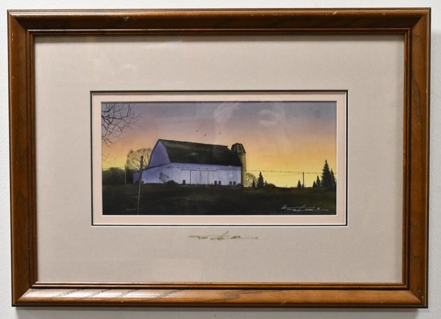Tim Liess "Early Spring" Watercolor On Paper: Beautiful watercolor on paper painting under glass by listed Indiana artist Tim Liess. The painting features a farm landscape and is titled "Early Spring". Watercolor is signed in the lower right. Sig