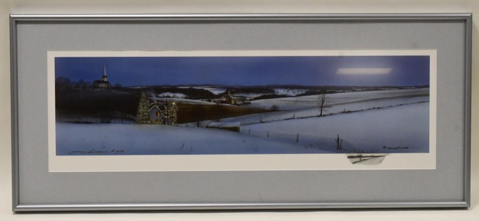 Tim Liess "Peace In The Valley" AP Lithograph: Beautiful artist's proof lithograph by listed Indiana artist Tim Liess. The lithograph features a rural Christmas landscape and is titled "Peace In The Valley". The framed under glass lithograph is si