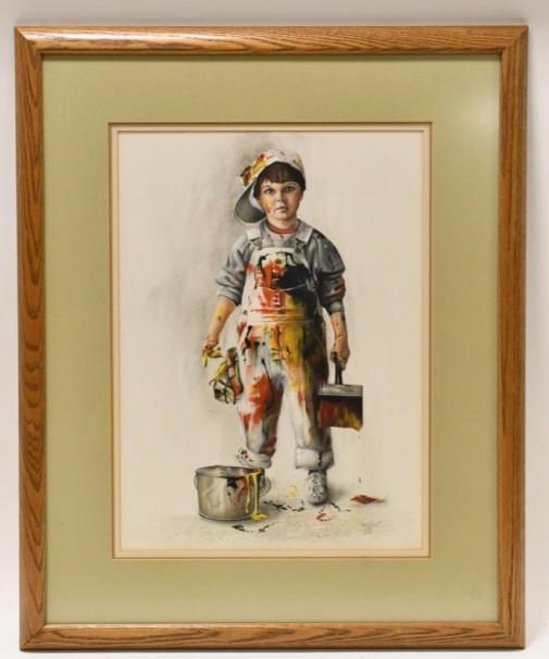 Tim Liess "Little Boy Painter" Framed Print: Beautiful framed print by listed Indiana artist Tim Liess. The print features a little boy painter. The framed under glass print comes in an oak frame. Sight measures approximately 18-1/2" tall by 13-