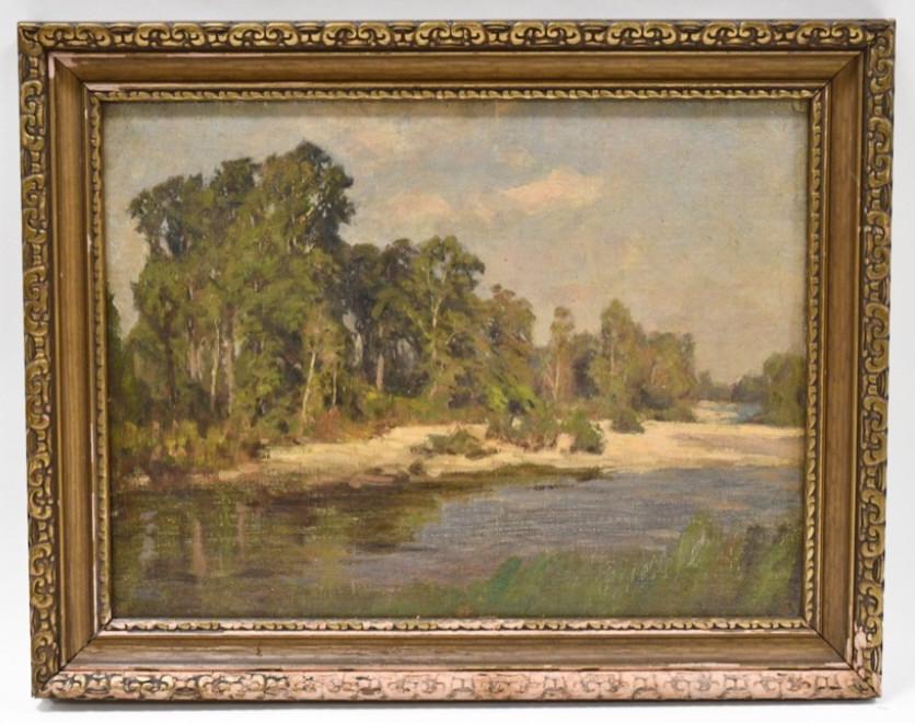 Franz Biberstein Landscape W/Stream Oil On Board: Beautiful framed oil on board painting by listed Wisconsin artist Franz Biberstein. The painting features a summer landscape with a stream. The framed painting is signed in the lower left, signature i