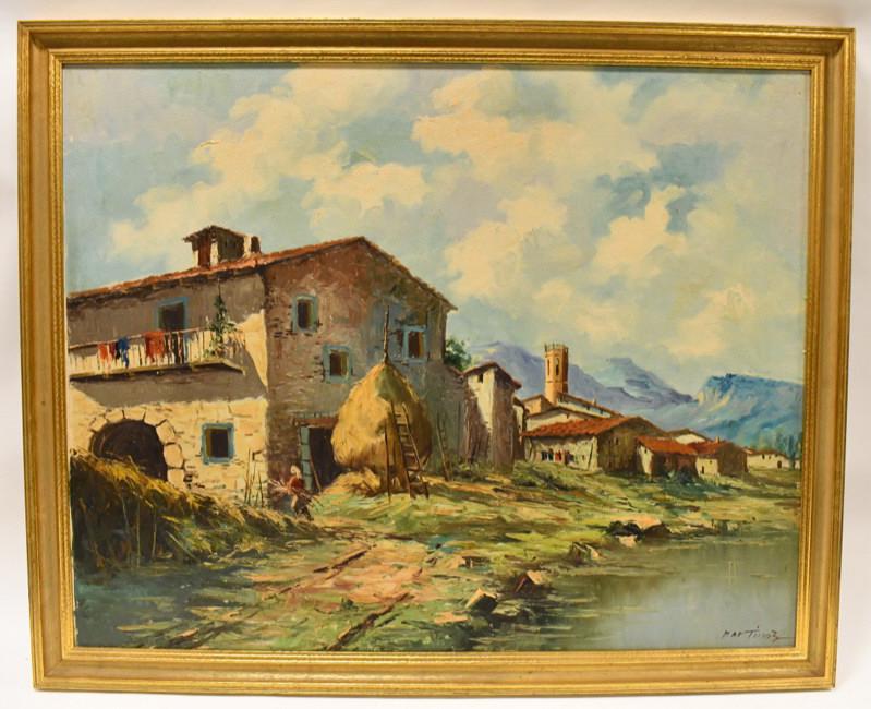 Martinez Spanish Landscape Oil On Board Painting: Oil on board painting by artist Martinez. The painting features a Spanish landscape and is signed in the lower right. Sight measures 30-1/2" tall x 38-1/2" across, framed it measures 34-1/2" tall x 43
