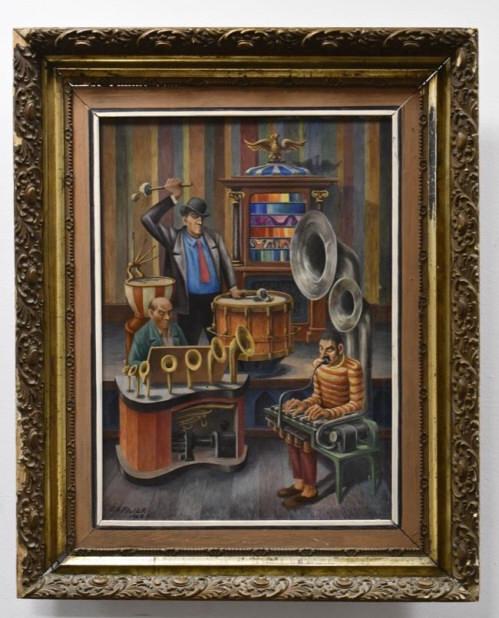 James A. Fisher "Imaginary Jazz Band" Tempera: Interesting framed original egg tempera painting on board by New Orleans artist James A. Fisher. The egg tempera is titled "Imaginary Jazz Band". The framed painting is signed in the lower left. Sight