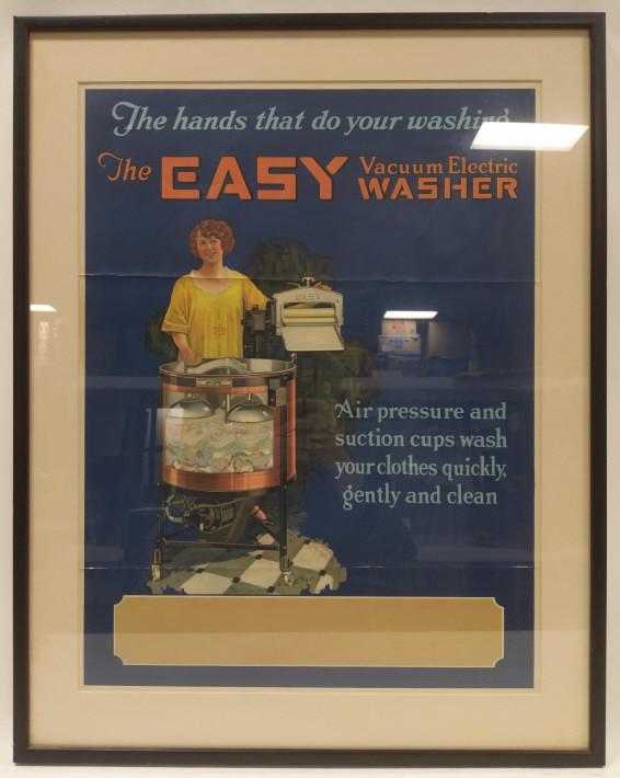 Early Framed Easy Electric Copper Washer Adv Print: Early Easy Vacuum Electric Washer advertising print. Good condition with creases and wear from use and age. Displays very well with nice frame and matting. It measures approximately 30" tall by 23-1/2