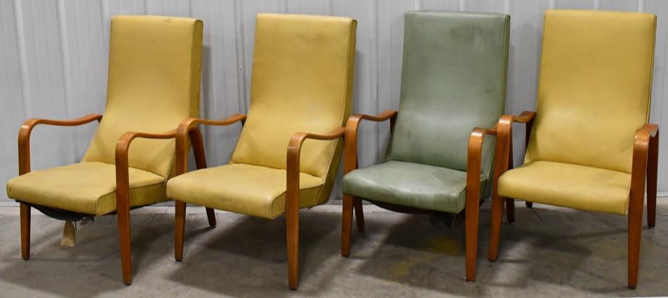 Set Of 4 MCM Thonet Bent Wood Lounge Chairs: Lot of four vintage mid century modern Thonet bent wood lounge chairs. Chairs are in fair condition with wear from use and age. Upholstery has discoloration and wear. Two of the four chairs still have