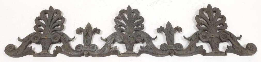 Large 4ft Antique Bronze Architectural Pediment: Outstanding antique bronze architectural salvage pediment. Nice condition with wear from use and age. Displays extremely well. Measures approximately 49" across by 11" tall.