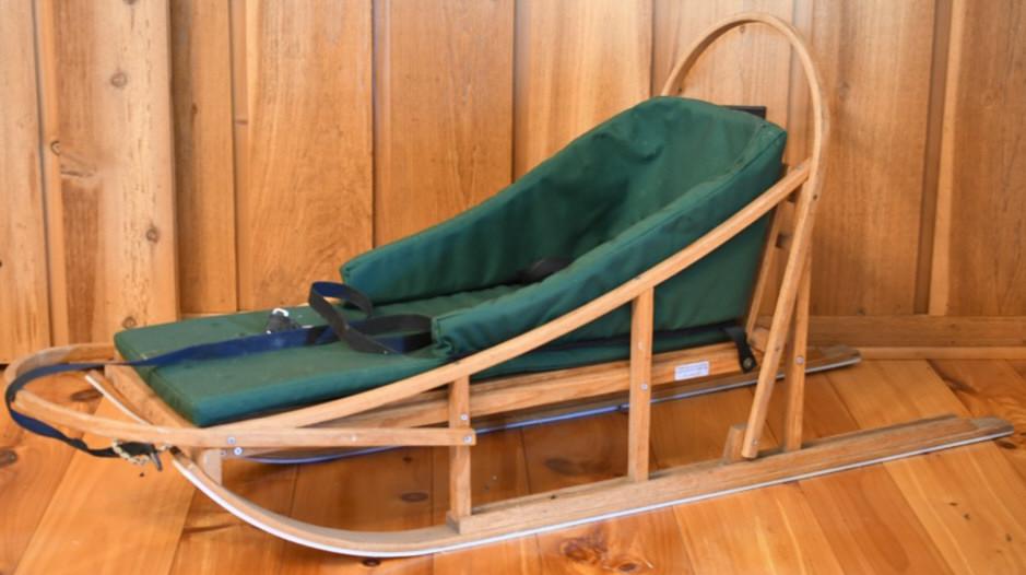RJ Gross LTD Wooden Sled Model A-RJG001: Nice contemporary R.J. Gross LTD brand wooden sled. Has some wear from use. Measures approximately 53" across by 23" tall by 15" wide.