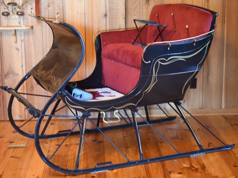 Restored Antique Horse Drawn Cutter: Sleigh Beautifully restored antique cutter horse drawn sleigh. Very nice condition with light wear from display. Displays extremely well with pin striping . Measures approximately71" across by 39" wid