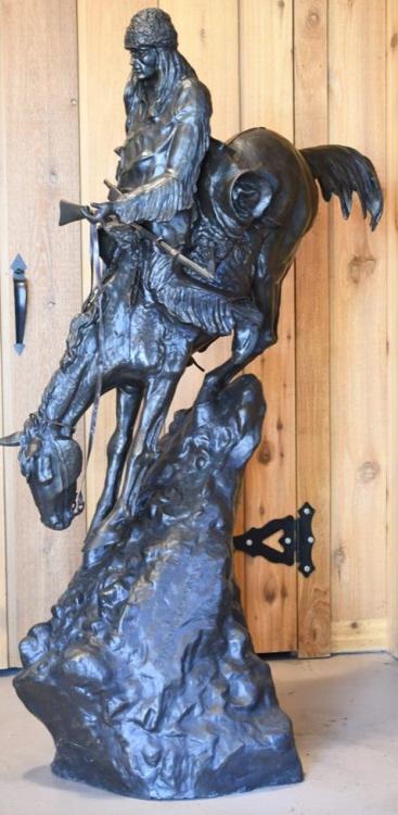 Monumental Frederic Remington Mountain Man Bronze: Measures approximately 63" tall by 45" across