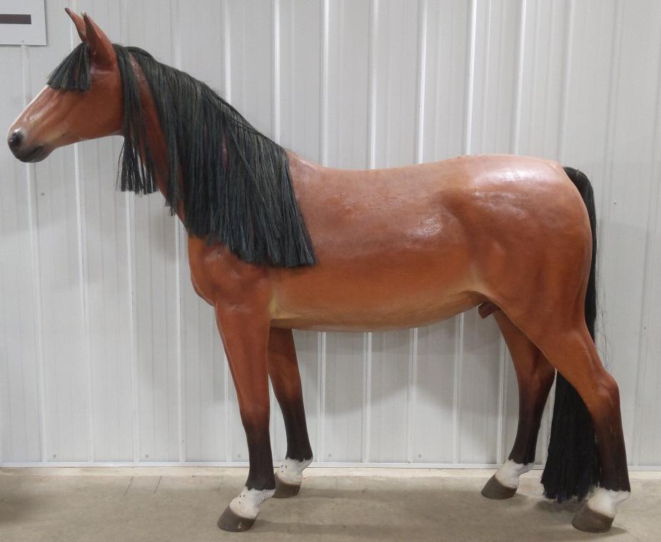 Life-Size Resin Horse Statue: Nice realistic life-size resin horse statue. Horse is painted in medium brown with black tail and mein. Has some paint loss and repairable damage to the ear The horse measures approximately 83" tall b