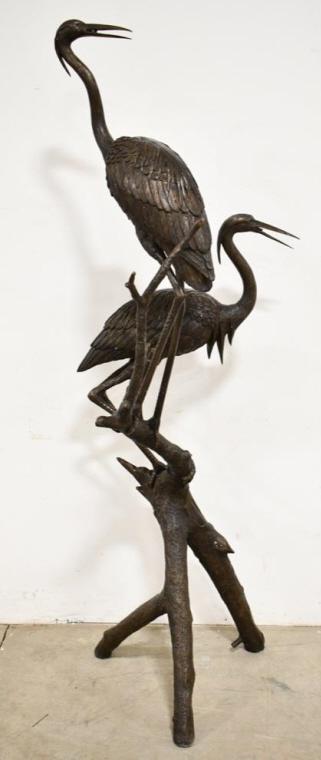 75" Tall Bronze Double Stork Fountain: Beautiful 75" bronze double stork figural fountain. The fountain has great detail and the water shoots out their beaks. Looks great and has some light use wear.