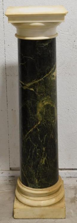 Late 19th Century Marble & Alabaster Pedestal: Nice Victorian marble & alabaster pedestal. Features dark green marble with cream veining. Good condition with corner chips. Measures 43.5" tall x 11.25" across.