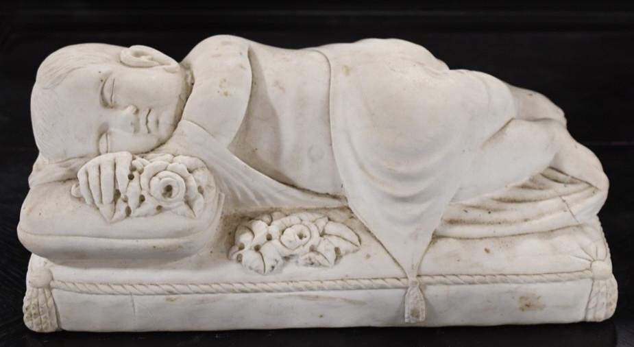Late 19th Century Alabaster Sleeping Baby Statue: Nice condition with a few small chips, great detail. Measures 6.5" tall x 17" across x 9.5" deep.