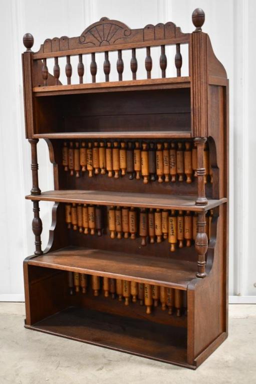 Folk Art Wall Unit With Wood Sample Rolling Pins: Nice folk art primitive country wall unit with rolling pins from unique wood samples. The unit is in great condition and includes over 60 miniature rolling pins averaging 4 to 5 inches long. Unit meas